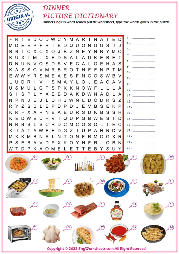 Dinner English word search puzzle worksheet, type the words given in the puzzle.