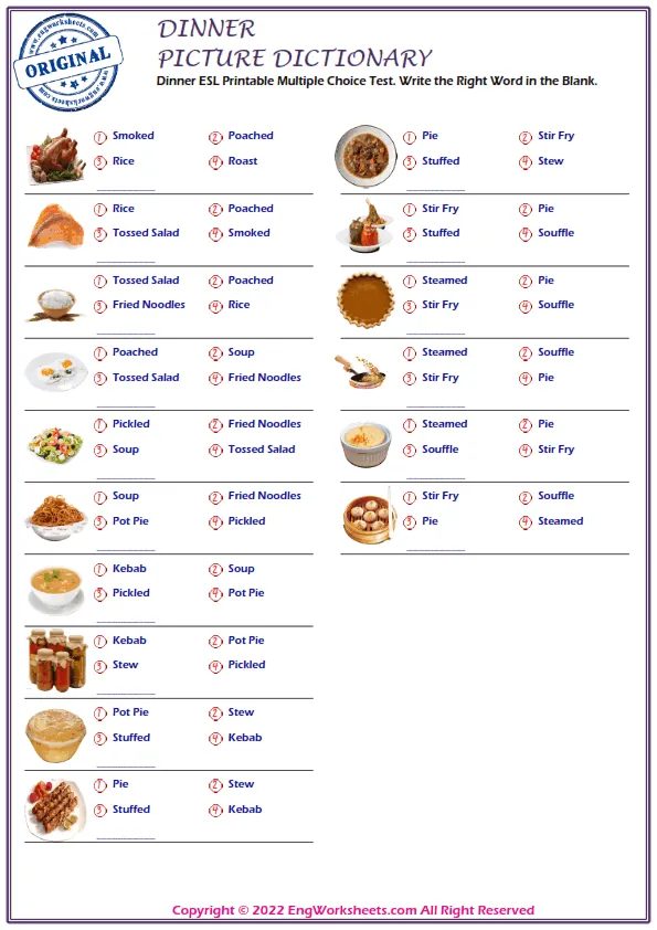 Dinner ESL Printable Multiple Choice Test. Write the Right Word in the Blank.