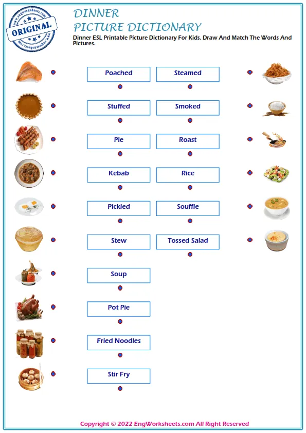 Dinner ESL Printable Picture Dictionary For Kids. Draw And Match The Words And Pictures.