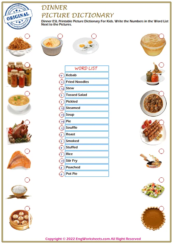 Dinner ESL Printable Picture Dictionary For Kids. Write the Numbers in the Word List Next to the Pictures.