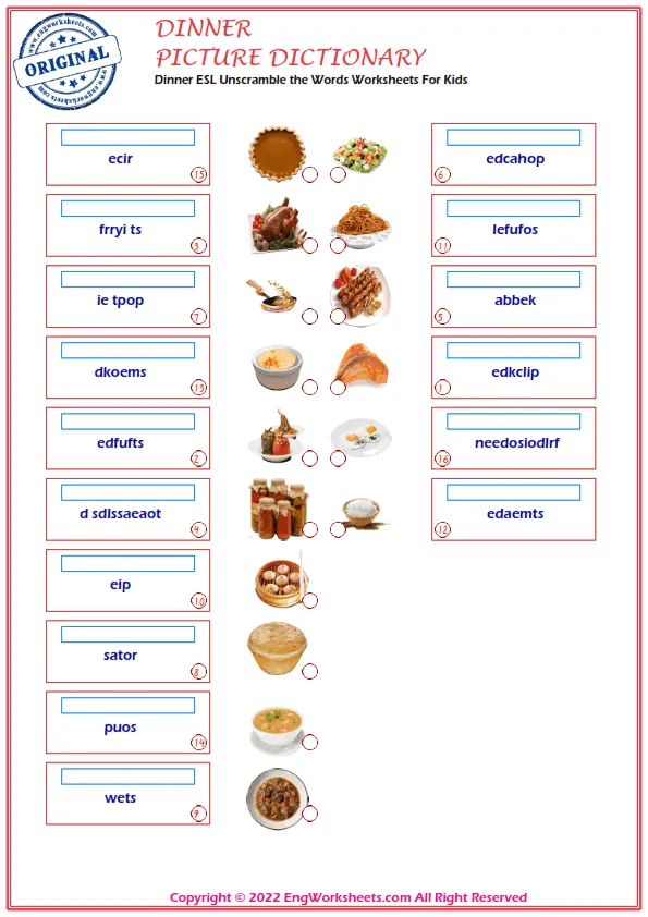 Dinner ESL Unscramble the Words Worksheets For Kids