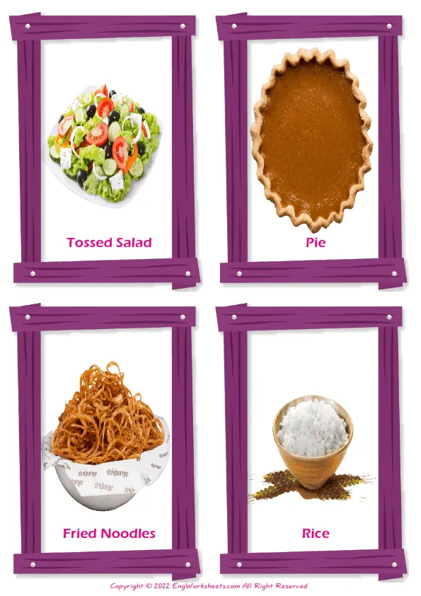 Dinner vocabulary worksheet with words, four images per page