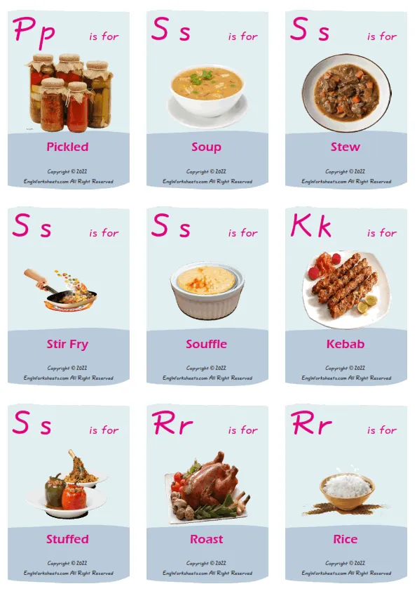 Dinner vocabulary worksheet with words, nine images per page