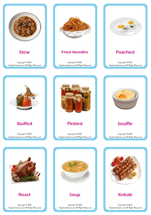 Dinner vocabulary worksheet with words, nine images per page