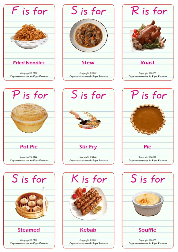 Dinner vocabulary worksheet with words, nine images per page