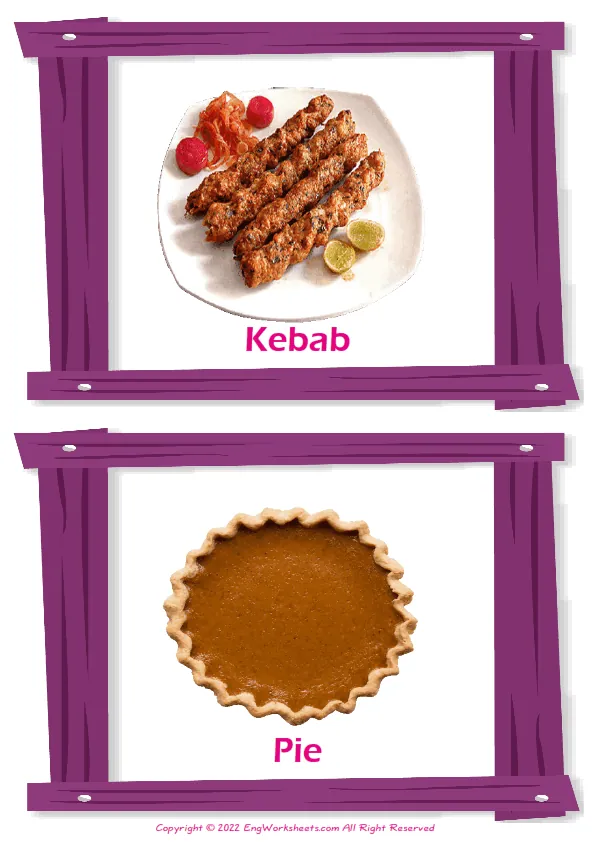 Dinner vocabulary worksheet with words, two images per page
