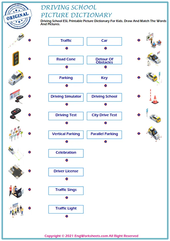 Driving School ESL Printable Picture Dictionary For Kids. Draw And Match The Words And Pictures.