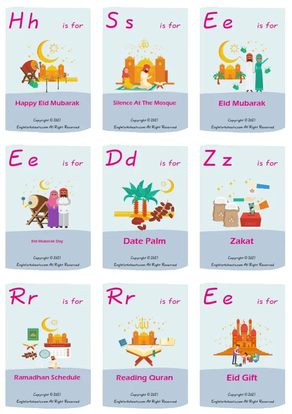 Eid and Ramadan vocabulary worksheet with words, nine images per page