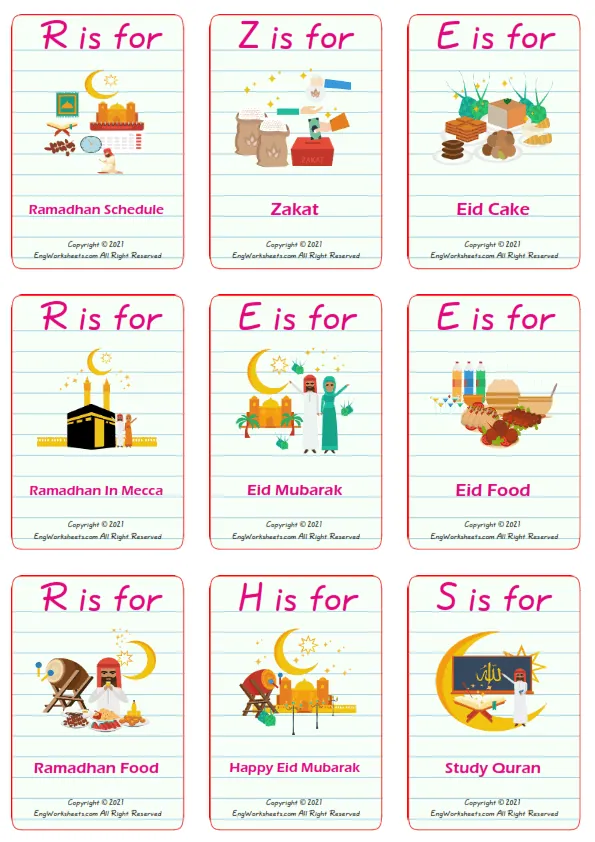 Eid and Ramadan vocabulary worksheet with words, nine images per page