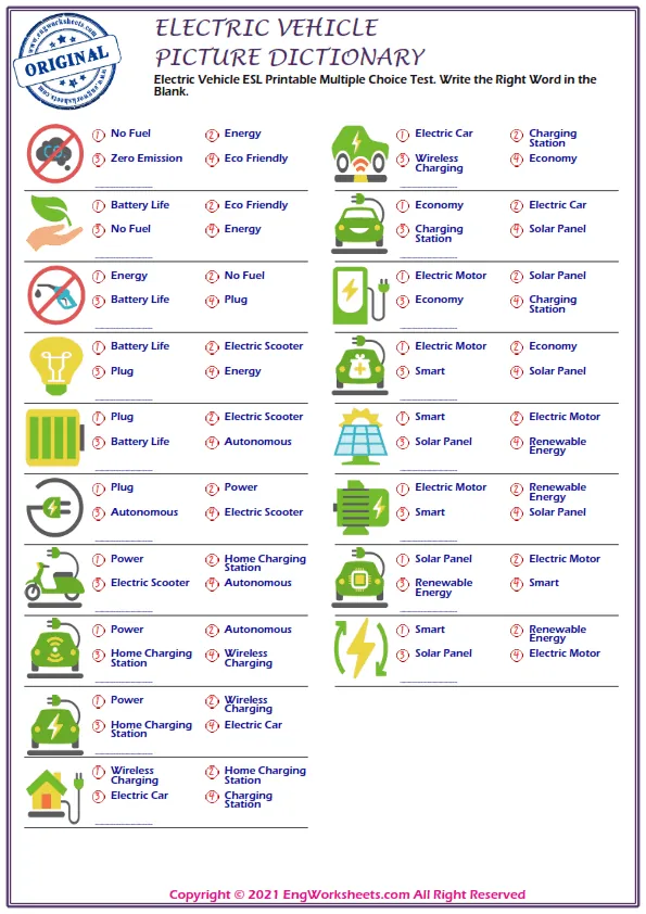 Electric Vehicle ESL Printable Multiple Choice Test. Write the Right Word in the Blank.