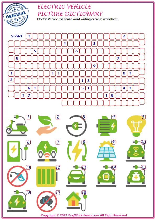 Electric Vehicle ESL snake word writing exercise worksheet.