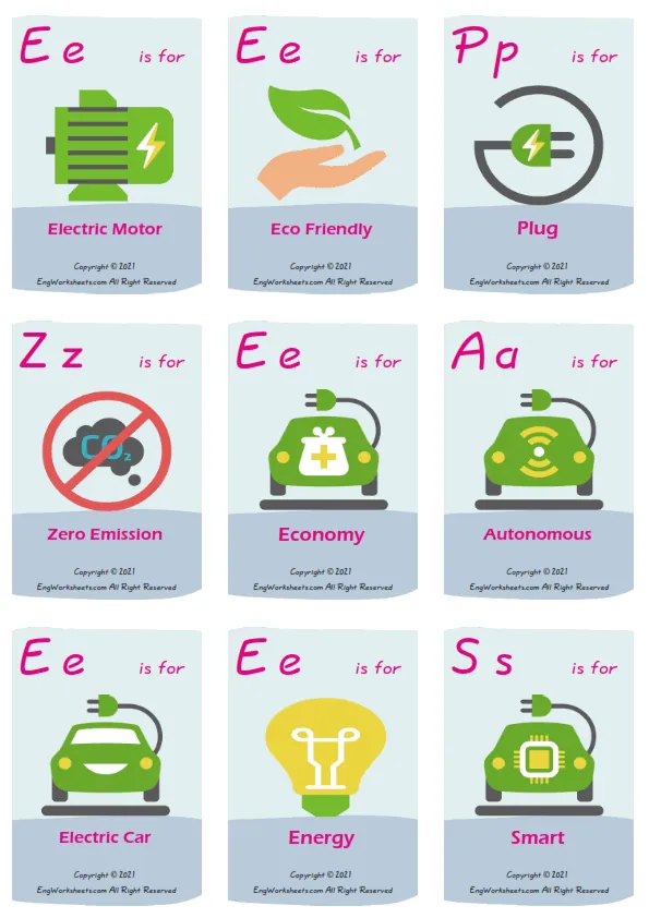 Electric Vehicle vocabulary worksheet with words, nine images per page
