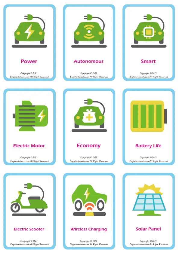 Electric Vehicle vocabulary worksheet with words, nine images per page