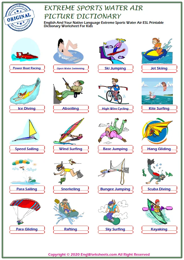 English And Your Native Language Extreme Sports Water Air ESL Printable Dictionary Worksheet For Kids