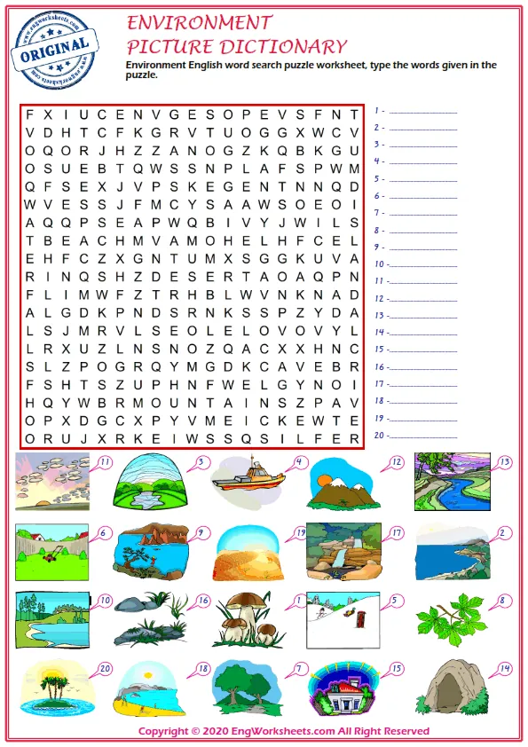 Environment English word search puzzle worksheet, type the words given in the puzzle.