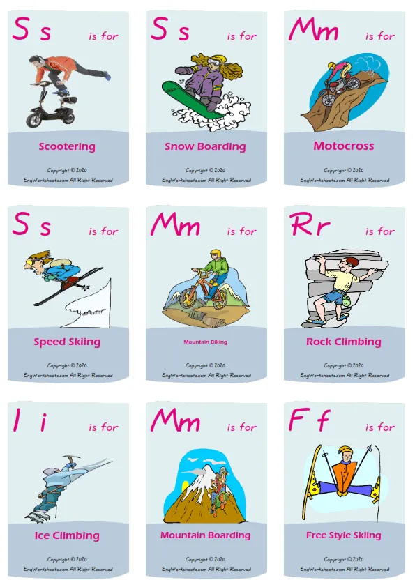 Extreme Sports Land vocabulary worksheet with words, nine images per page