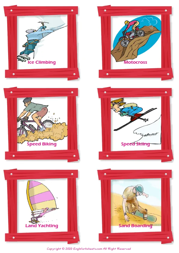 Extreme Sports Land vocabulary worksheet with words, six images per page