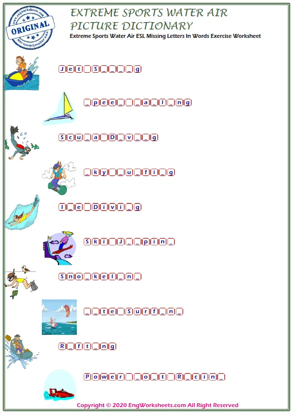 Extreme Sports Water Air ESL Missing Letters In Words Exercise Worksheet