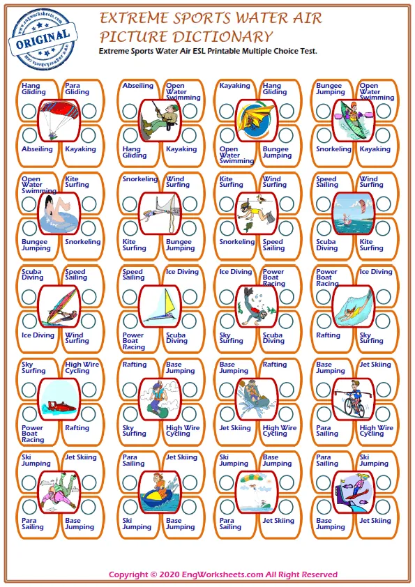 Extreme Sports Water Air ESL Printable Multiple Choice Test.