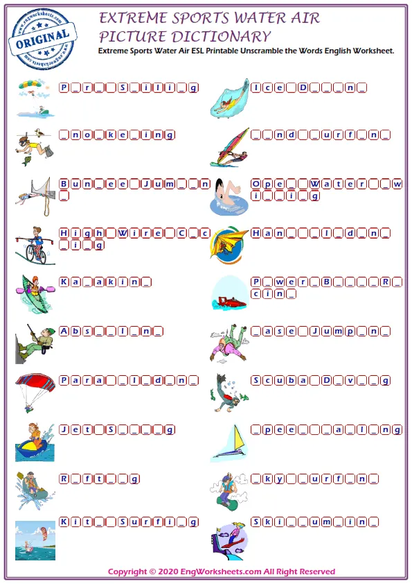 Extreme Sports Water Air ESL Printable Unscramble the Words English Worksheet.