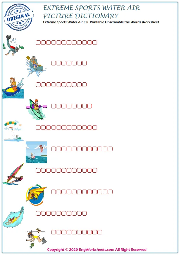 Extreme Sports Water Air ESL Printable Unscramble the Words Worksheet.