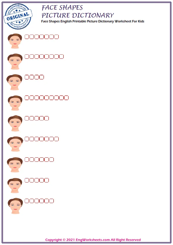 Face Shapes vocabulary worksheet with words, nine images per page