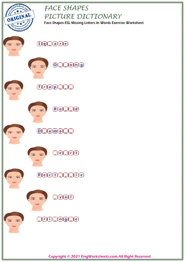 Face Shapes vocabulary worksheet with words, six images per page