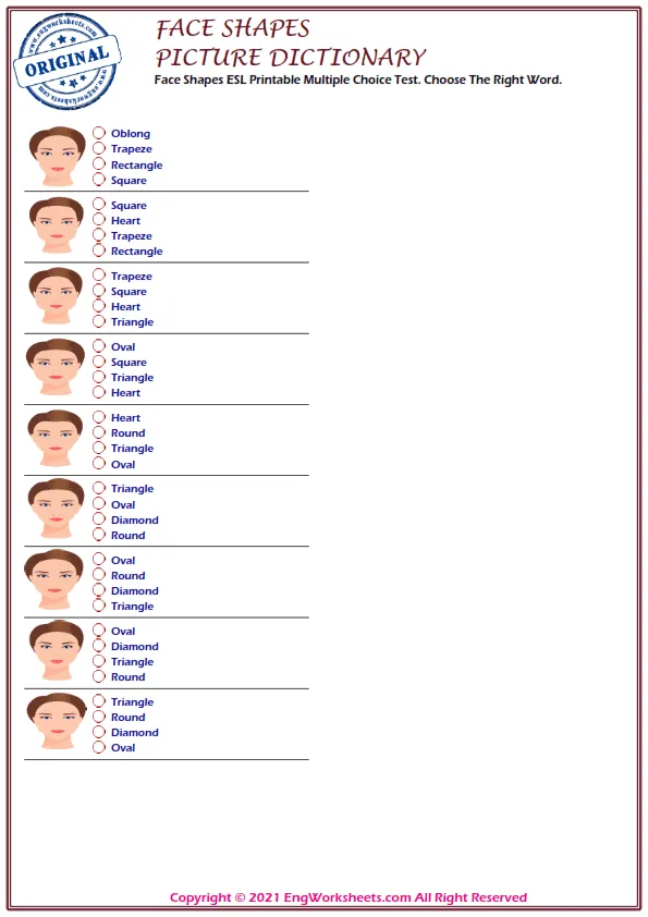 Wordless Face Shapes vocabulary worksheet with nine images per page