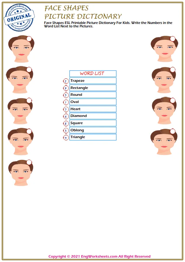 Face Shapes ESL Printable Picture Dictionary For Kids. Write the Words in the Word Bank in the Correct Place in the Word List.