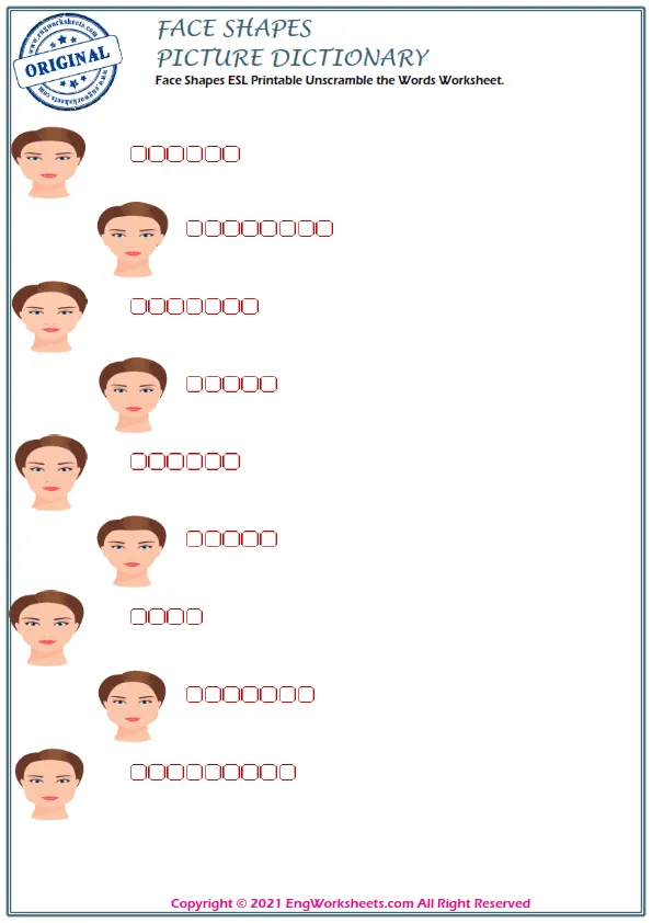 Face Shapes vocabulary worksheet with words, nine images per page