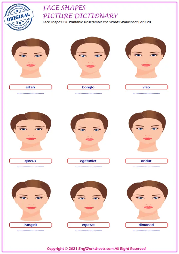 Face Shapes vocabulary worksheet with words, four images per page