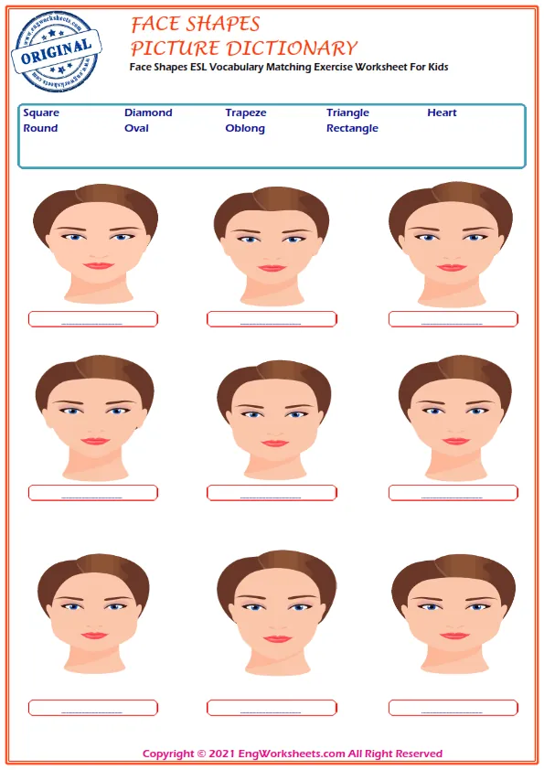 Face Shapes vocabulary worksheet with words, two images per page