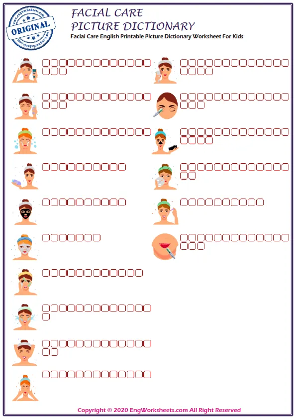 Facial Care English Printable Picture Dictionary Worksheet For Kids