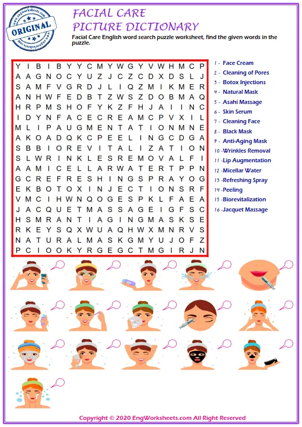Facial Care English word search puzzle worksheet, find the given words in the puzzle.