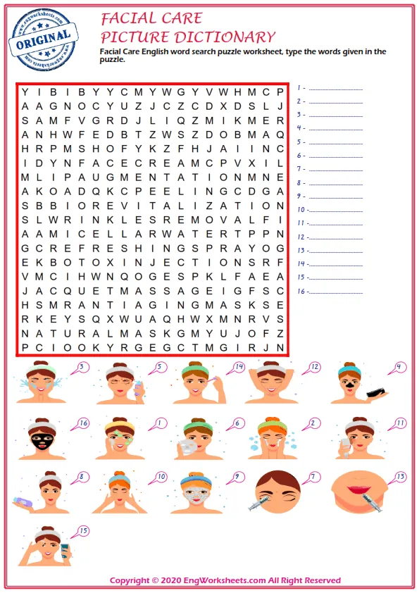 Facial Care English word search puzzle worksheet, type the words given in the puzzle.