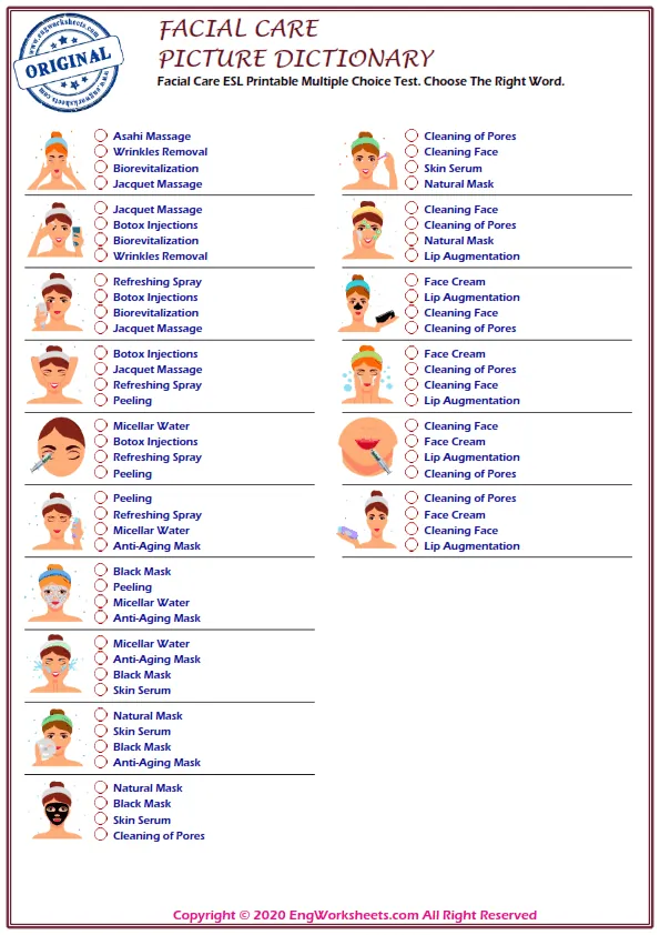 Online Learn Facial Care What Is In The Picture And Tick The Right Option
