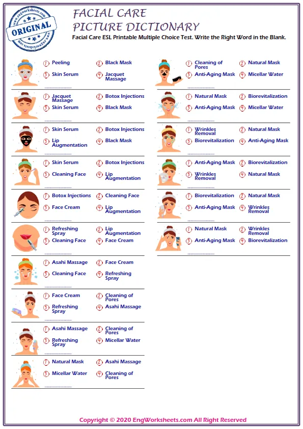 Facial Care ESL Printable Multiple Choice Test. Write the Right Word in the Blank.