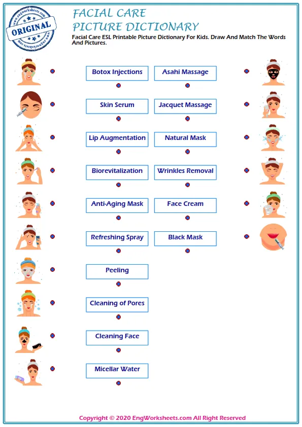 Facial Care ESL Printable Picture Dictionary For Kids. Draw And Match The Words And Pictures.