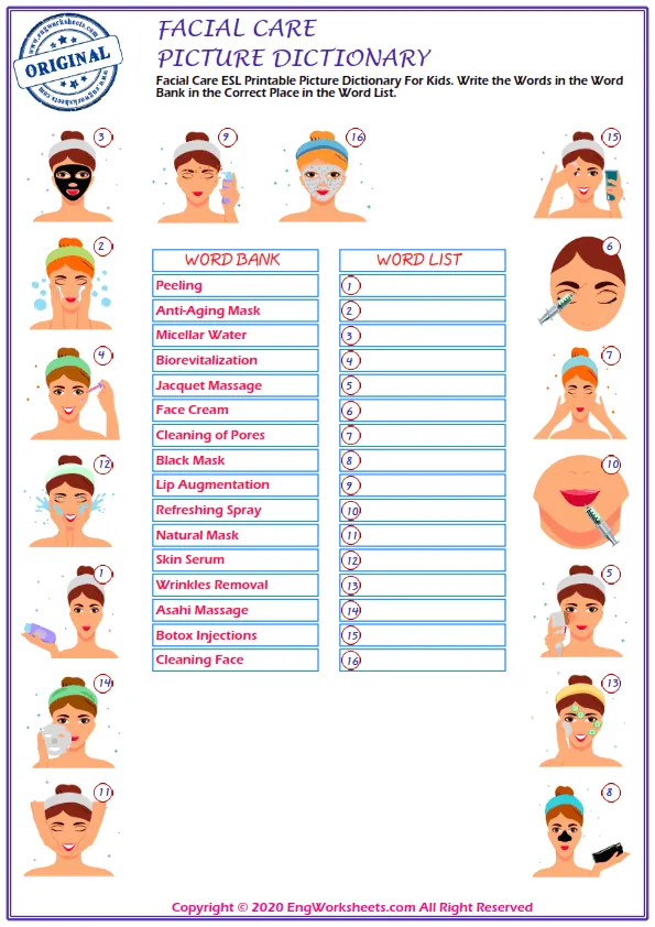 Facial Care ESL Printable Picture Dictionary For Kids. Write the Words in the Word Bank in the Correct Place in the Word List.