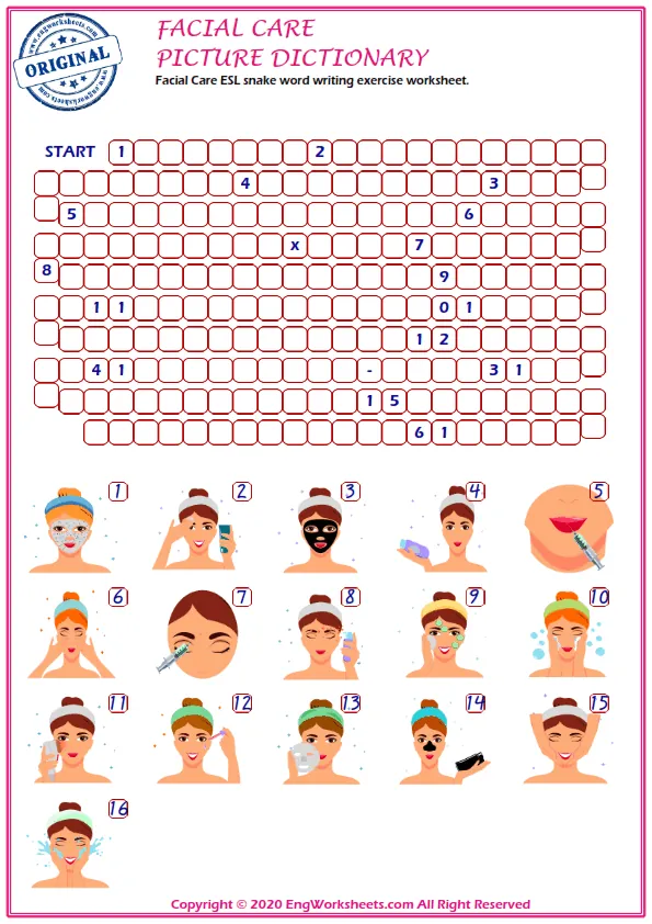 Facial Care ESL snake word writing exercise worksheet.