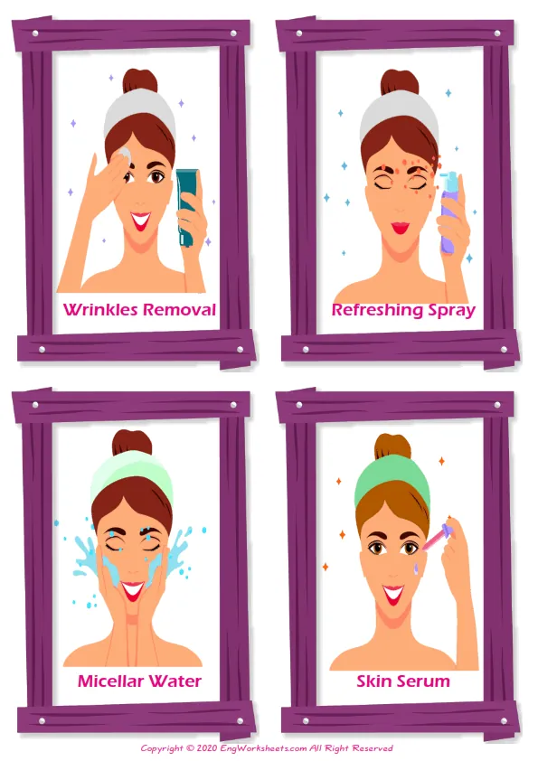 Facial Care vocabulary worksheet with words, four images per page