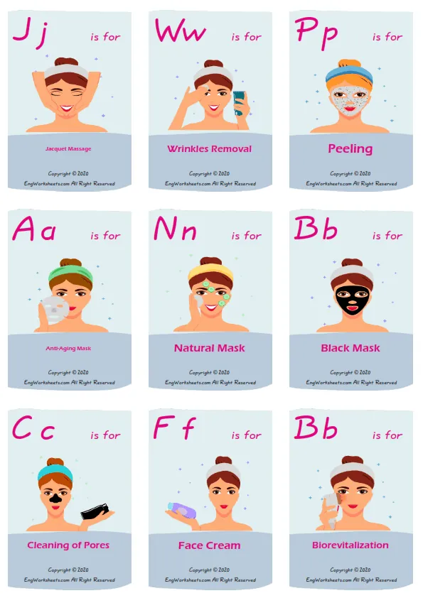Facial Care vocabulary worksheet with words, nine images per page