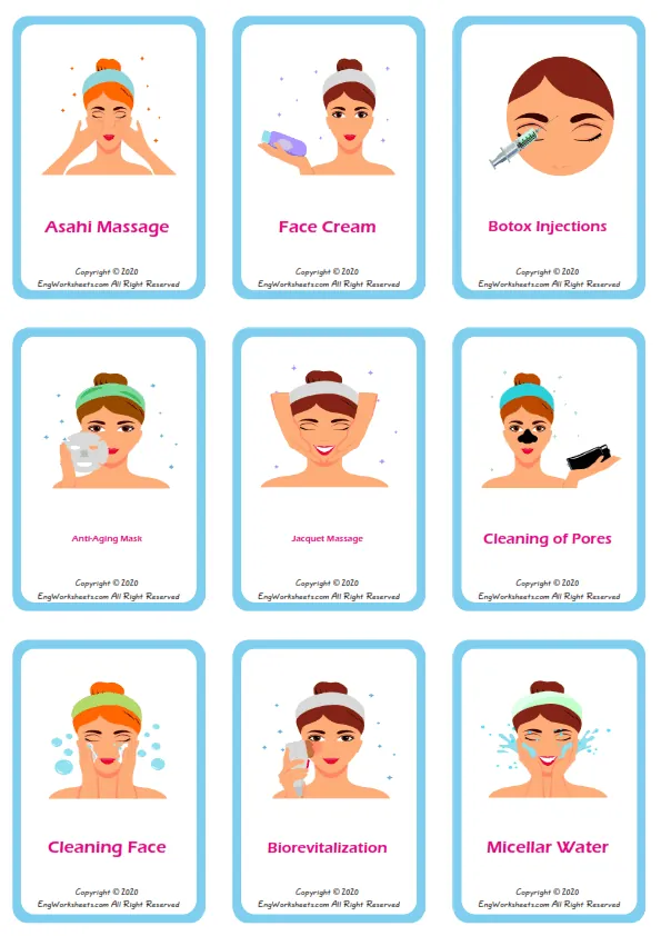 Facial Care vocabulary worksheet with words, nine images per page
