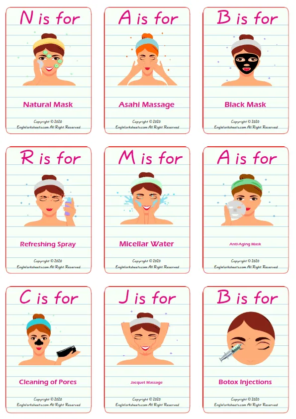 Facial Care vocabulary worksheet with words, nine images per page
