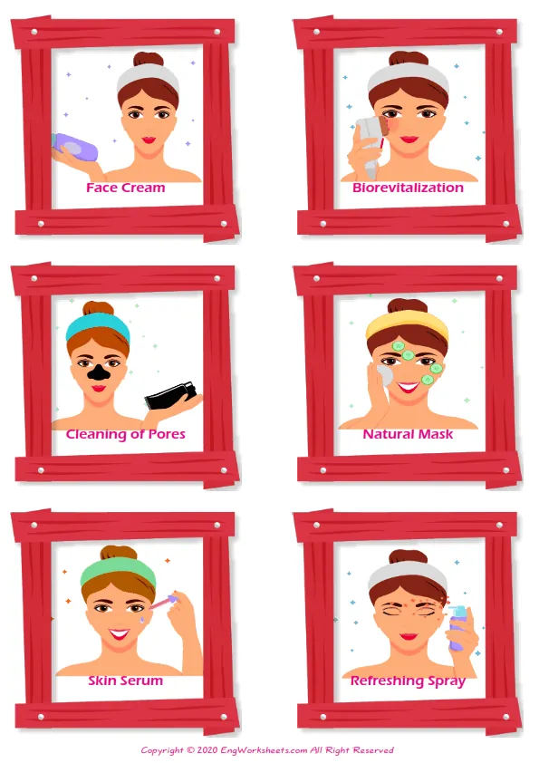 Facial Care vocabulary worksheet with words, six images per page