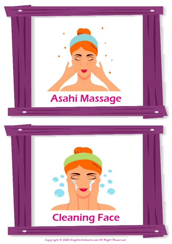 Facial Care vocabulary worksheet with words, two images per page