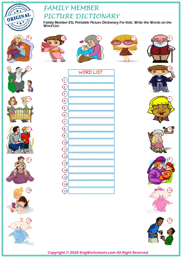 Family Member ESL Printable Picture Dictionary For Kids. Write the Words on the Word List.