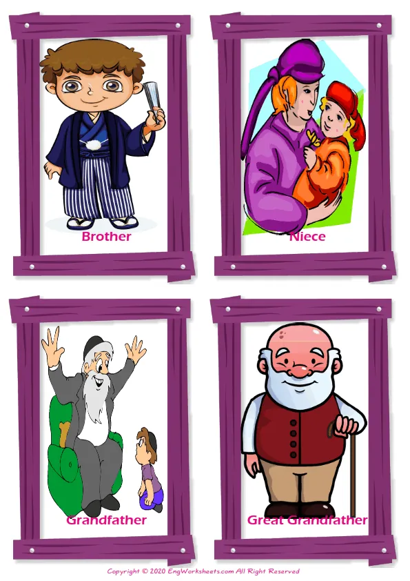 Family Member vocabulary worksheet with words, four images per page