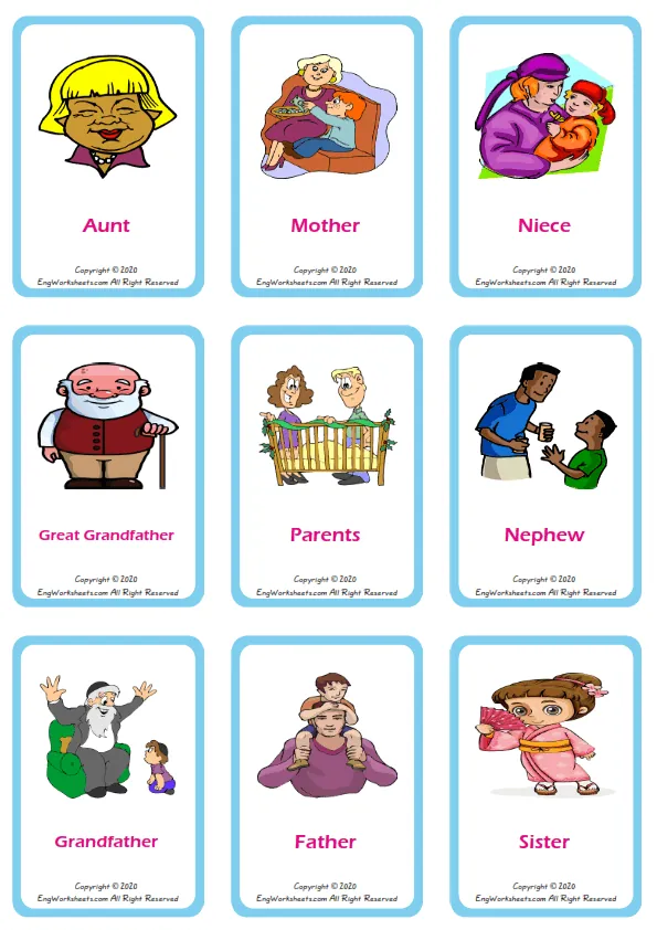 Family Member vocabulary worksheet with words, nine images per page