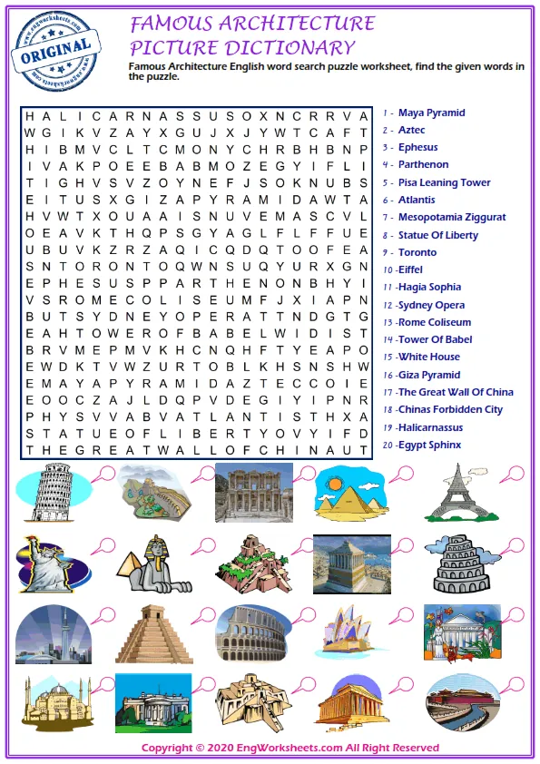 Famous Architecture English word search puzzle worksheet, find the given words in the puzzle.